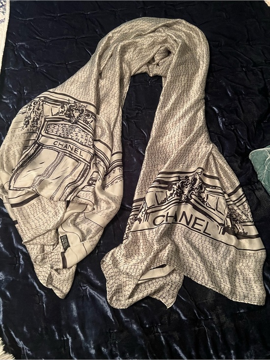 CHANEL Accessories - Chanel Logo Silk Scarf in Beige and Black